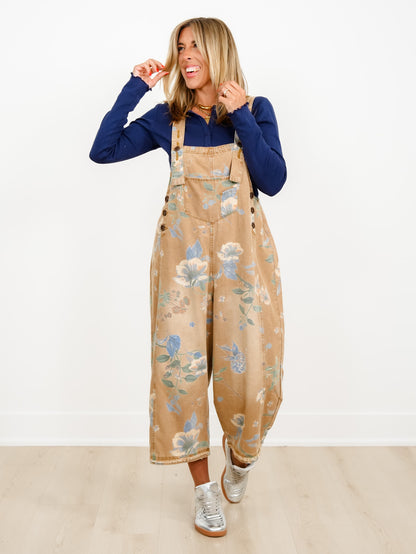 Floral Print Relax Fit Bib Overalls