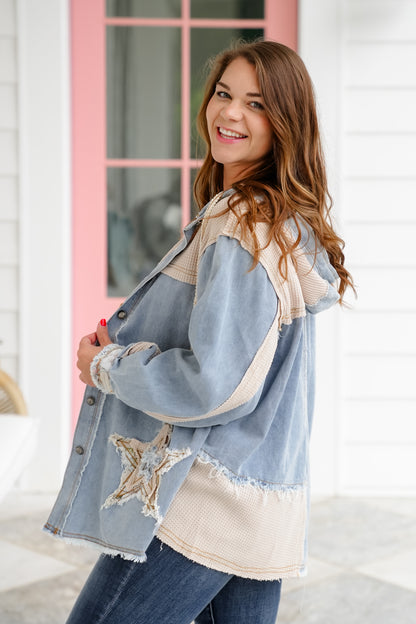 POL Button Down Hooded Shacket with Star Patch Detail