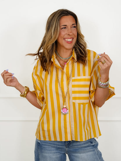 Striped Short Sleeve Button Down Top