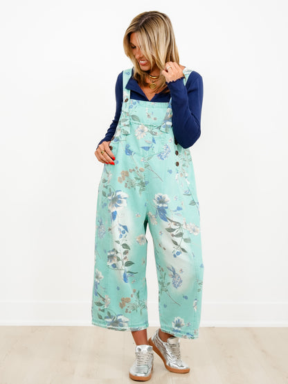 Floral Print Relax Fit Bib Overalls
