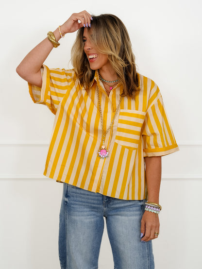 Striped Short Sleeve Button Down Top