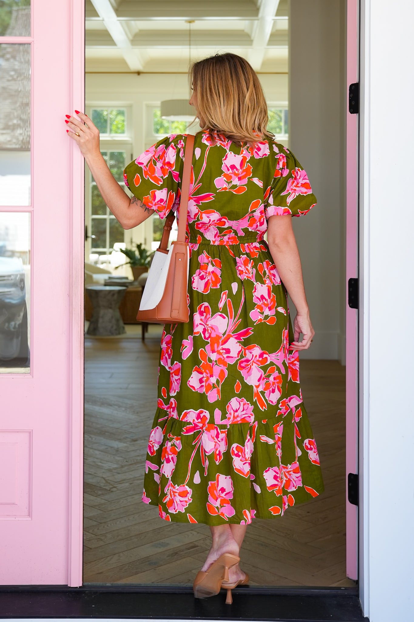 Floral Short Puff Sleeve Midi Dress