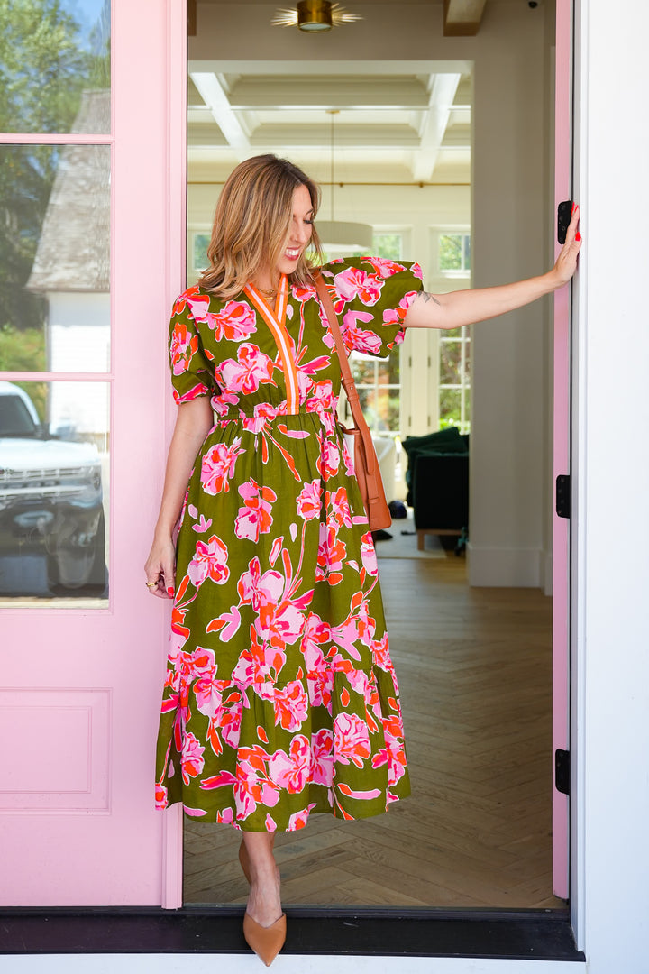 Floral Short Puff Sleeve Midi Dress