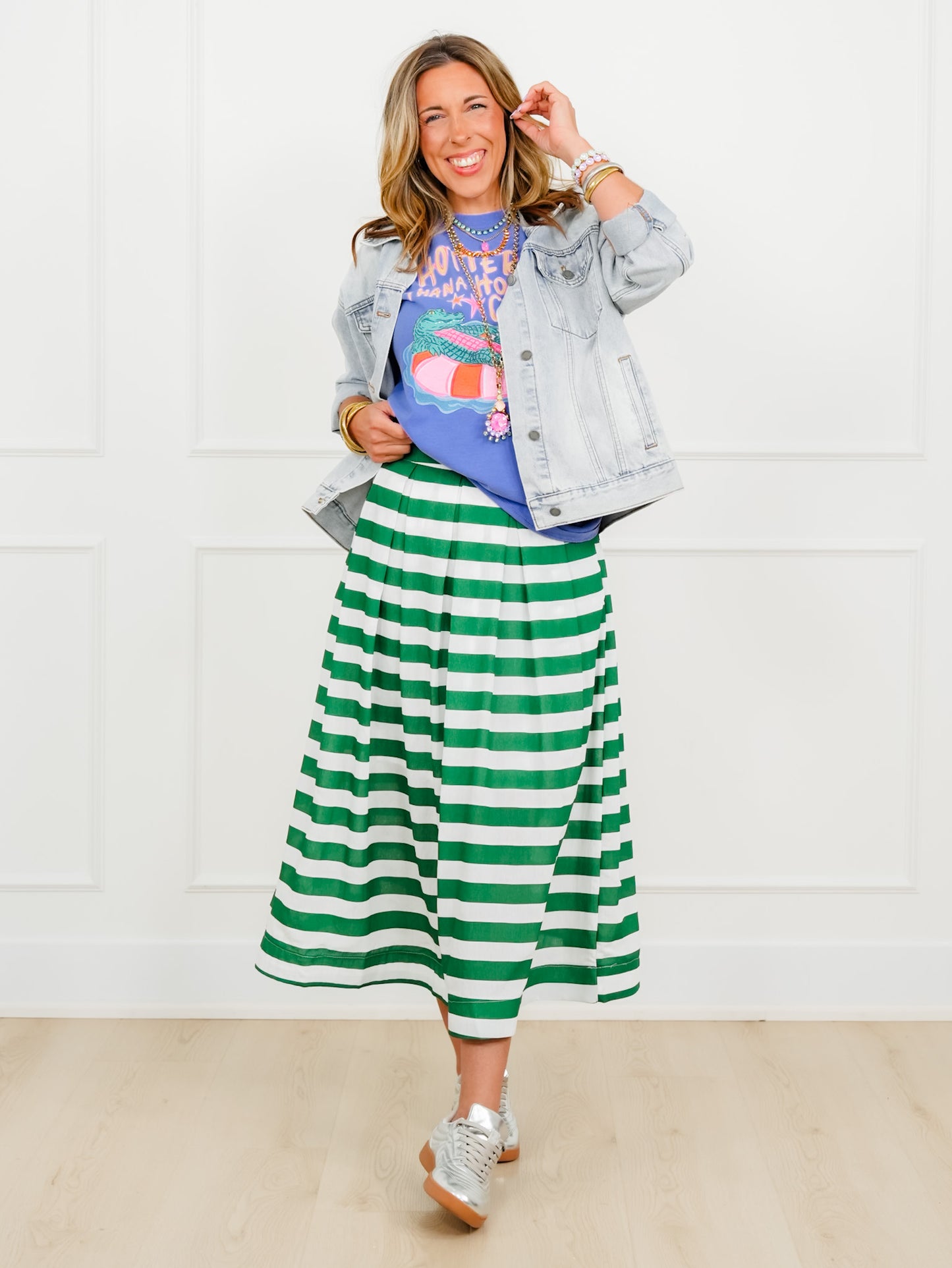 Stripe Pleated Midi Skirt with Side Zipper