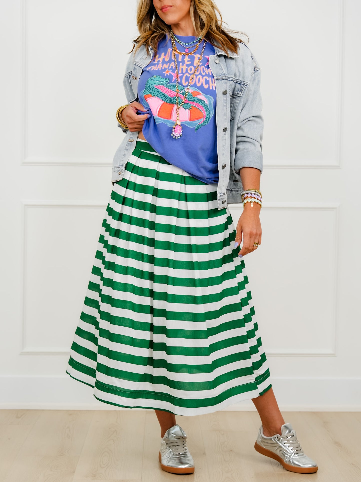 Stripe Pleated Midi Skirt with Side Zipper