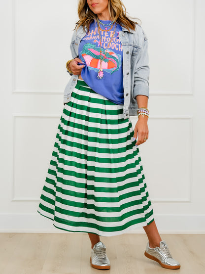 Stripe Pleated Midi Skirt with Side Zipper