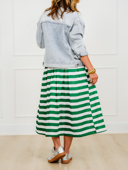 Stripe Pleated Midi Skirt with Side Zipper