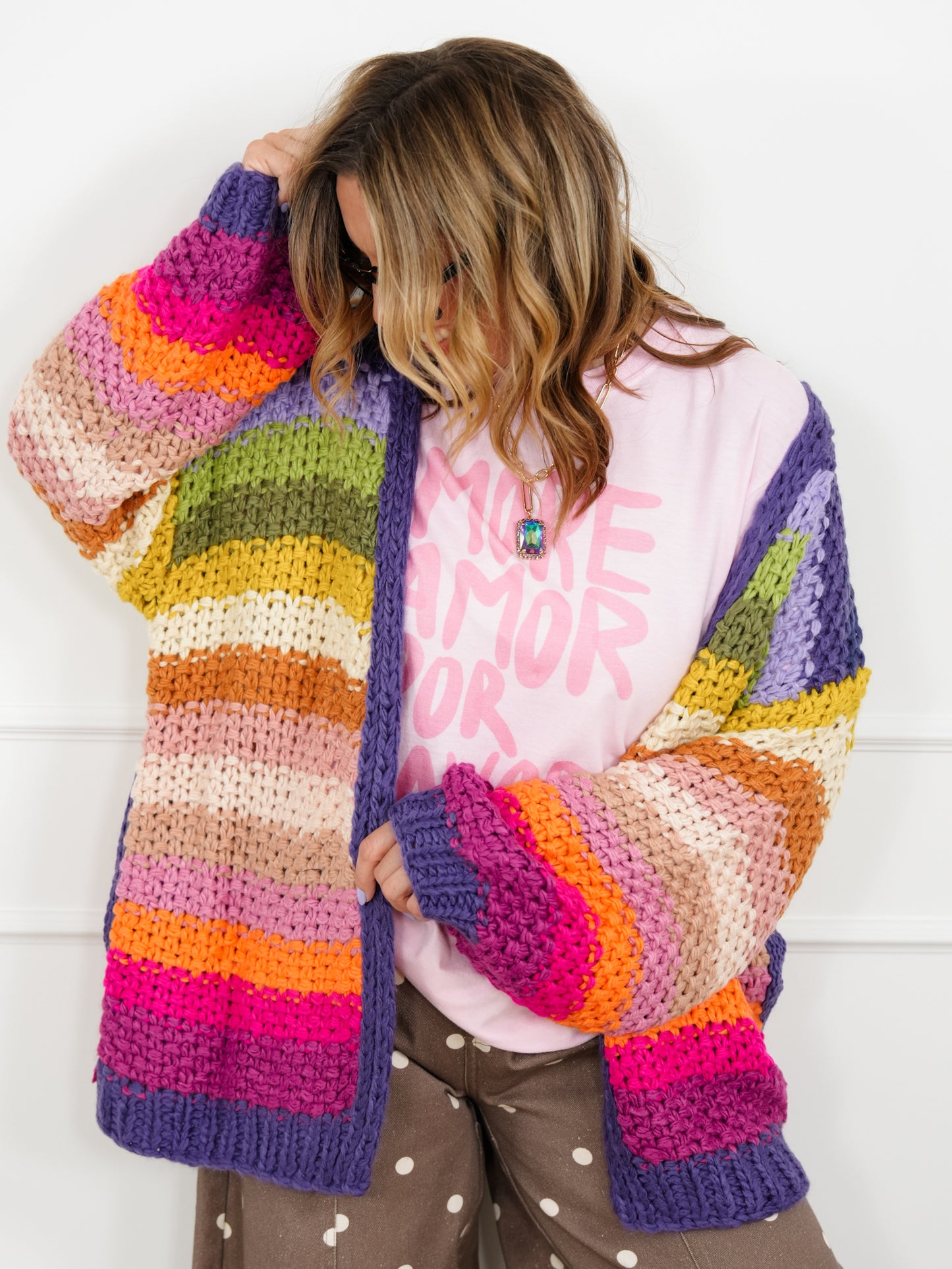 Rainbow Crochet Long Sleeve Open Front Cardigan