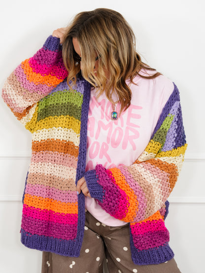 Rainbow Crochet Long Sleeve Open Front Cardigan