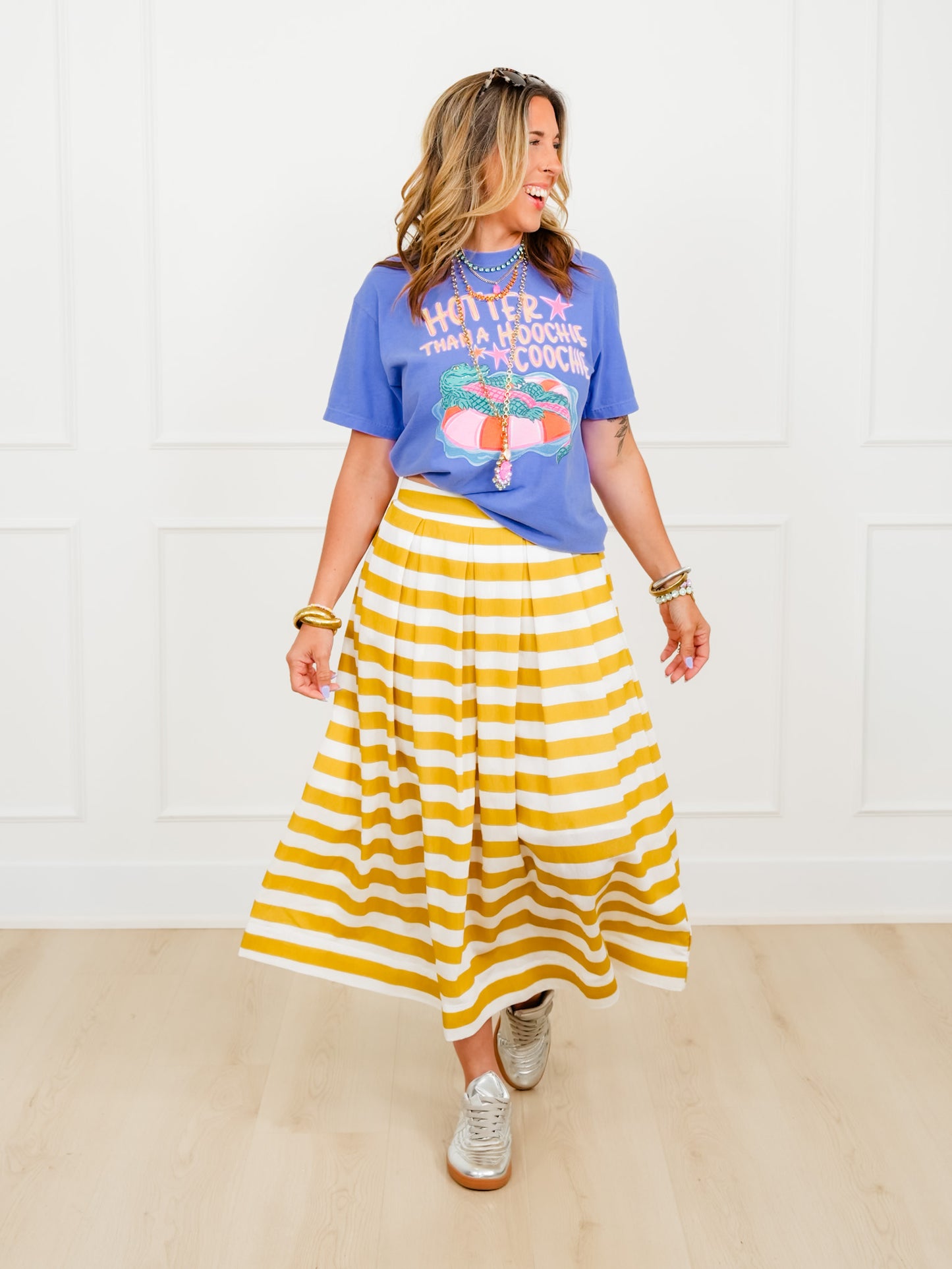 Stripe Pleated Midi Skirt with Side Zipper