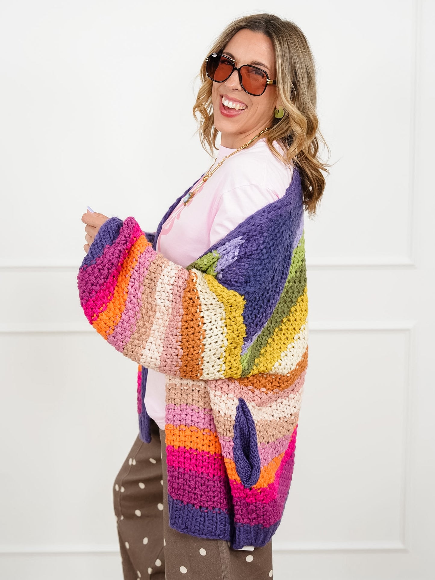 Rainbow Crochet Long Sleeve Open Front Cardigan