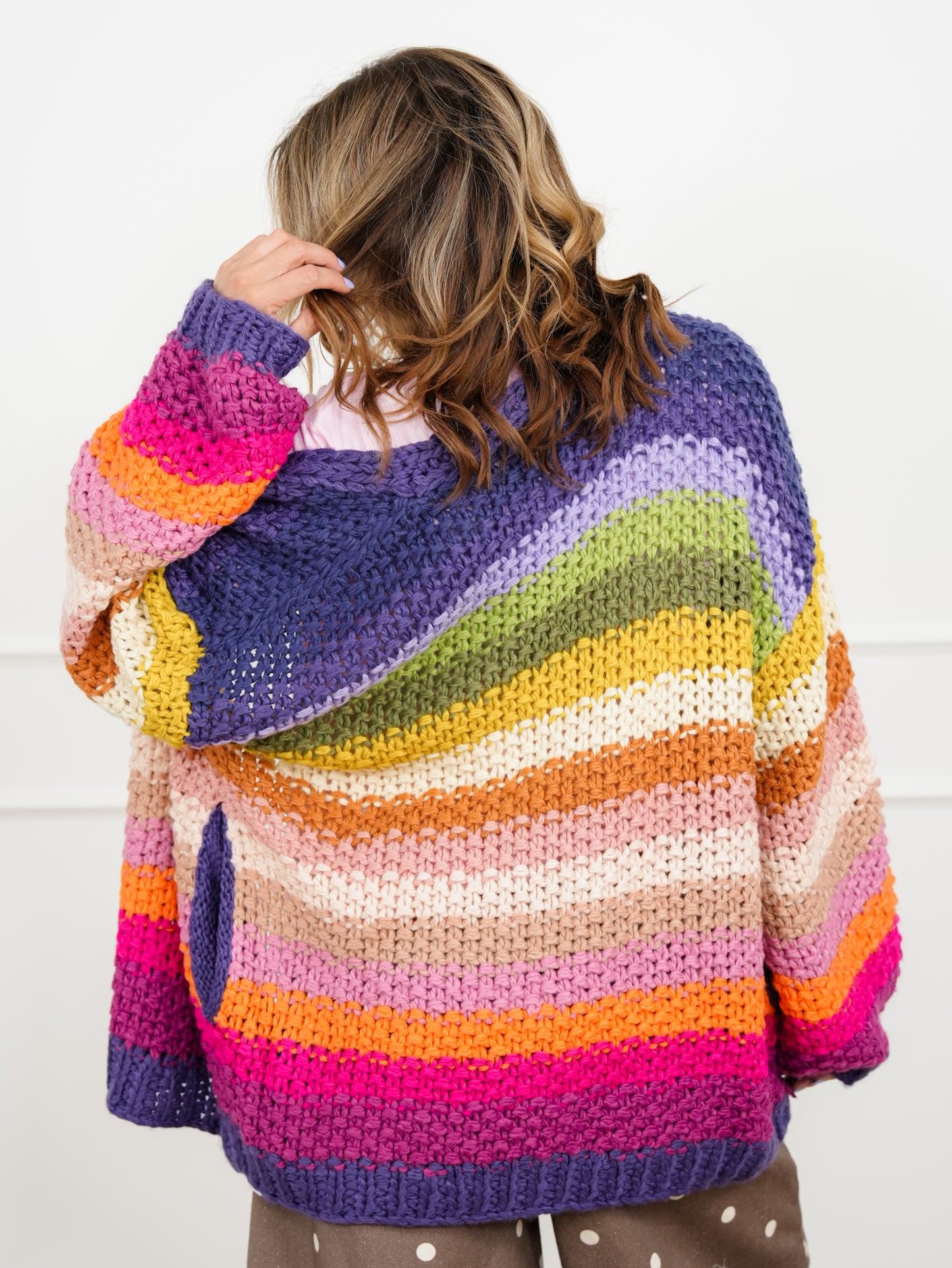 Rainbow Crochet Long Sleeve Open Front Cardigan