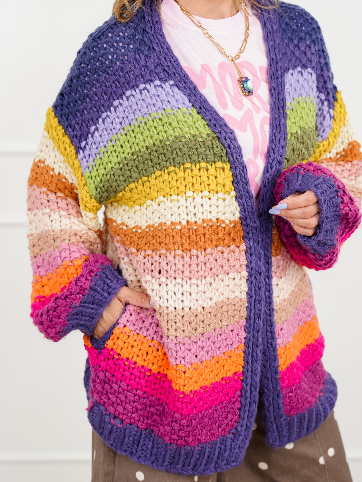 Rainbow Crochet Long Sleeve Open Front Cardigan