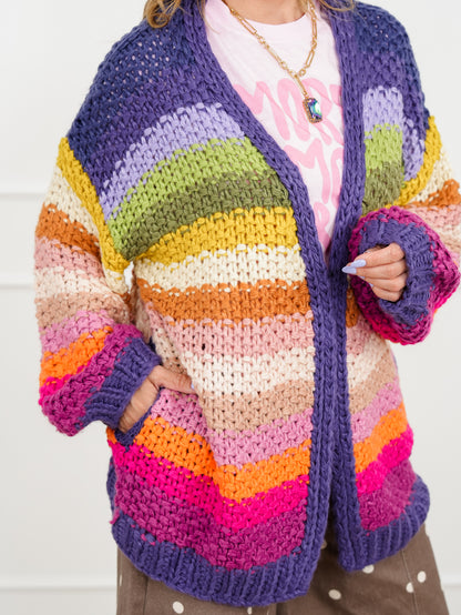 Rainbow Crochet Long Sleeve Open Front Cardigan