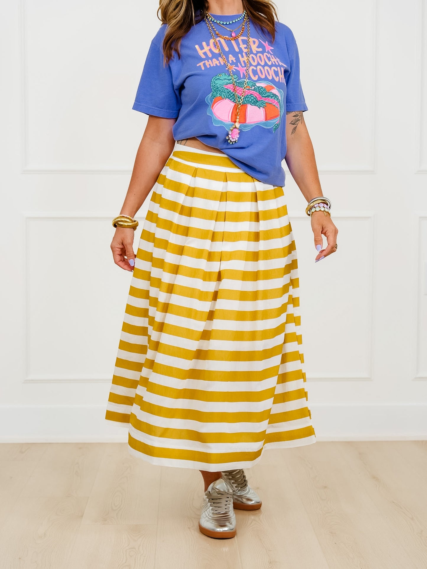 Stripe Pleated Midi Skirt with Side Zipper