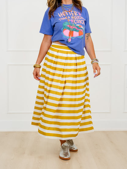 Stripe Pleated Midi Skirt with Side Zipper