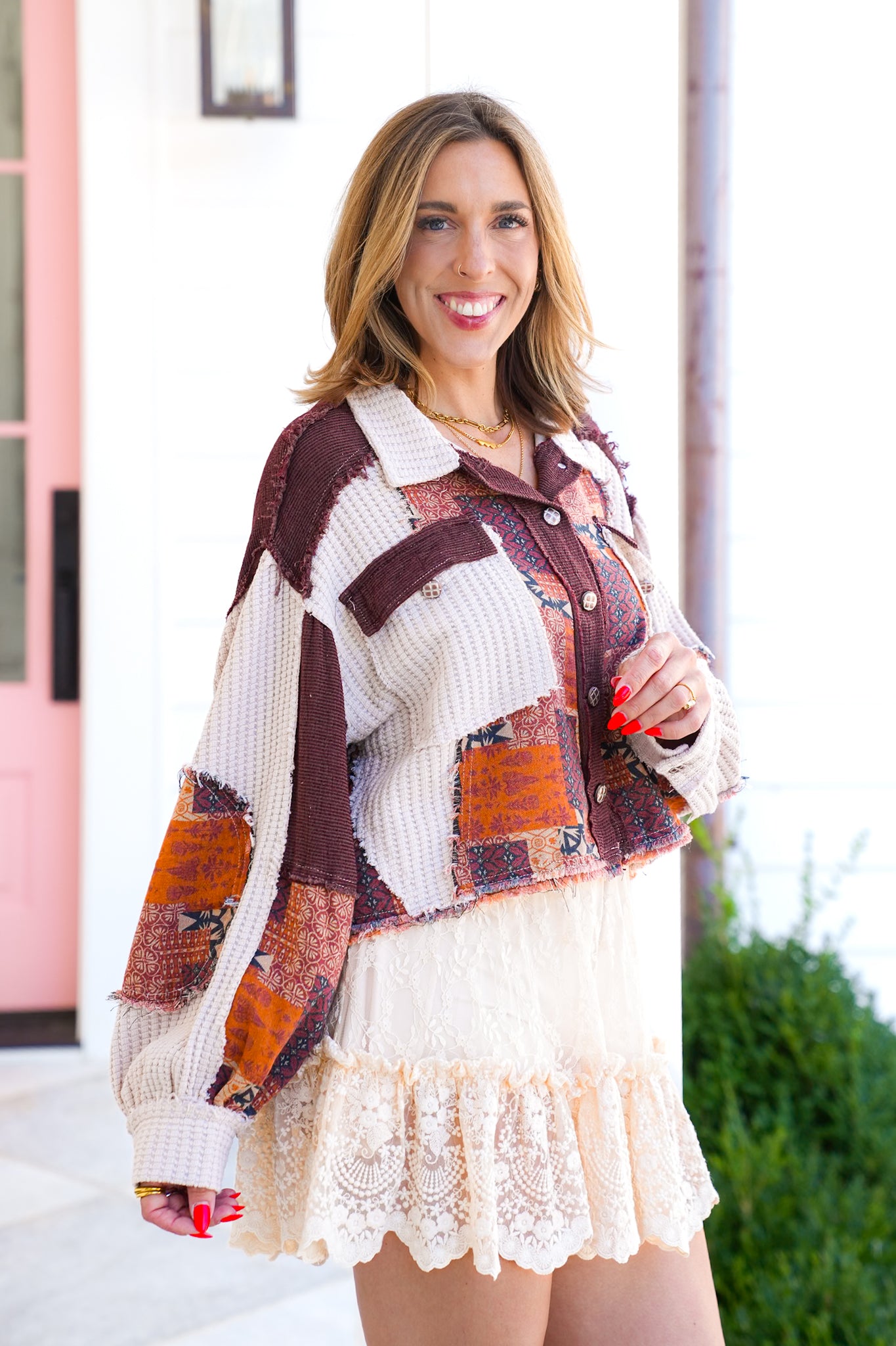 POL Long Sleeve Button Down Cropped Shacket with Patchwork