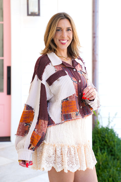 POL Long Sleeve Button Down Cropped Shacket with Patchwork
