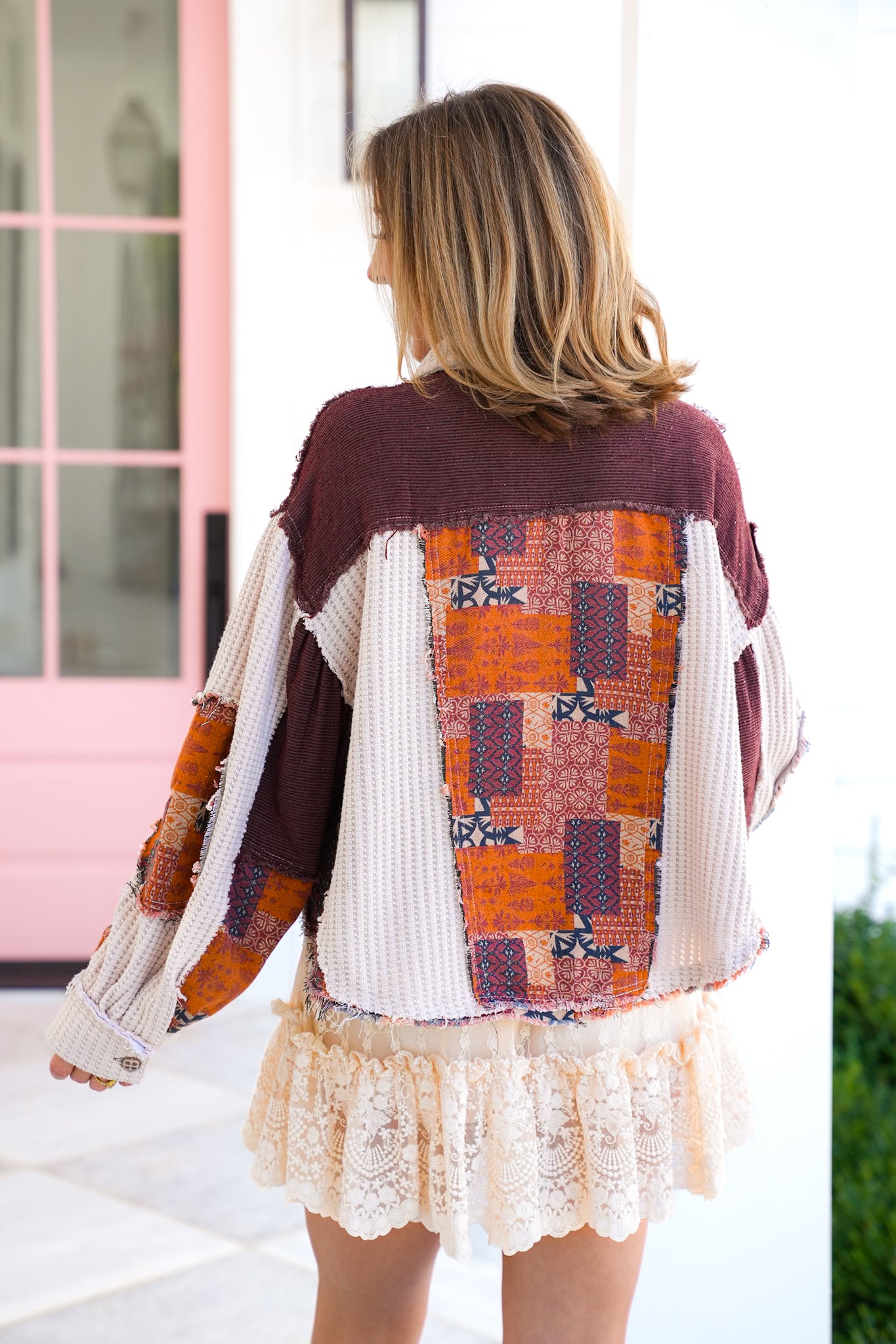 POL Long Sleeve Button Down Cropped Shacket with Patchwork