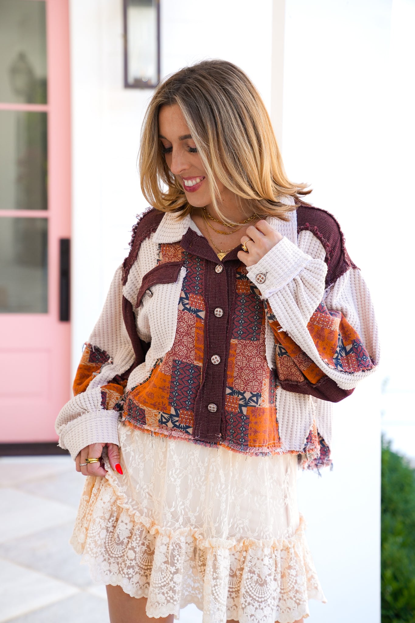 POL Long Sleeve Button Down Cropped Shacket with Patchwork