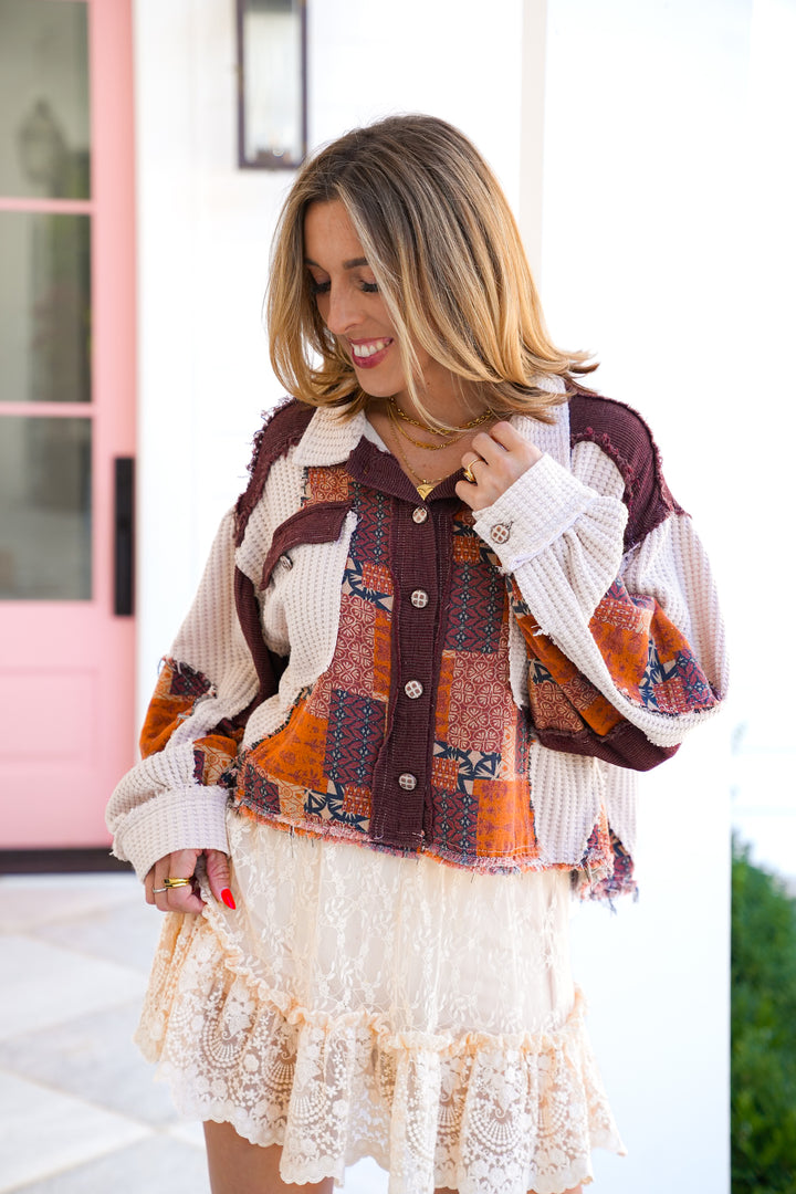 POL Long Sleeve Button Down Cropped Shacket with Patchwork