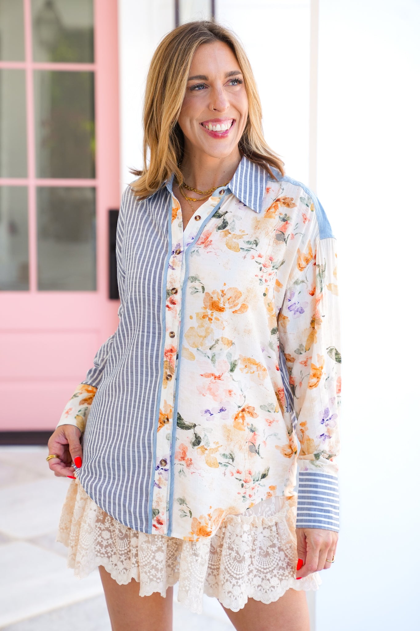 Plus/Reg Stripe and Floral Long Sleeve Button Down Top