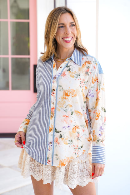 Plus/Reg Stripe and Floral Long Sleeve Button Down Top