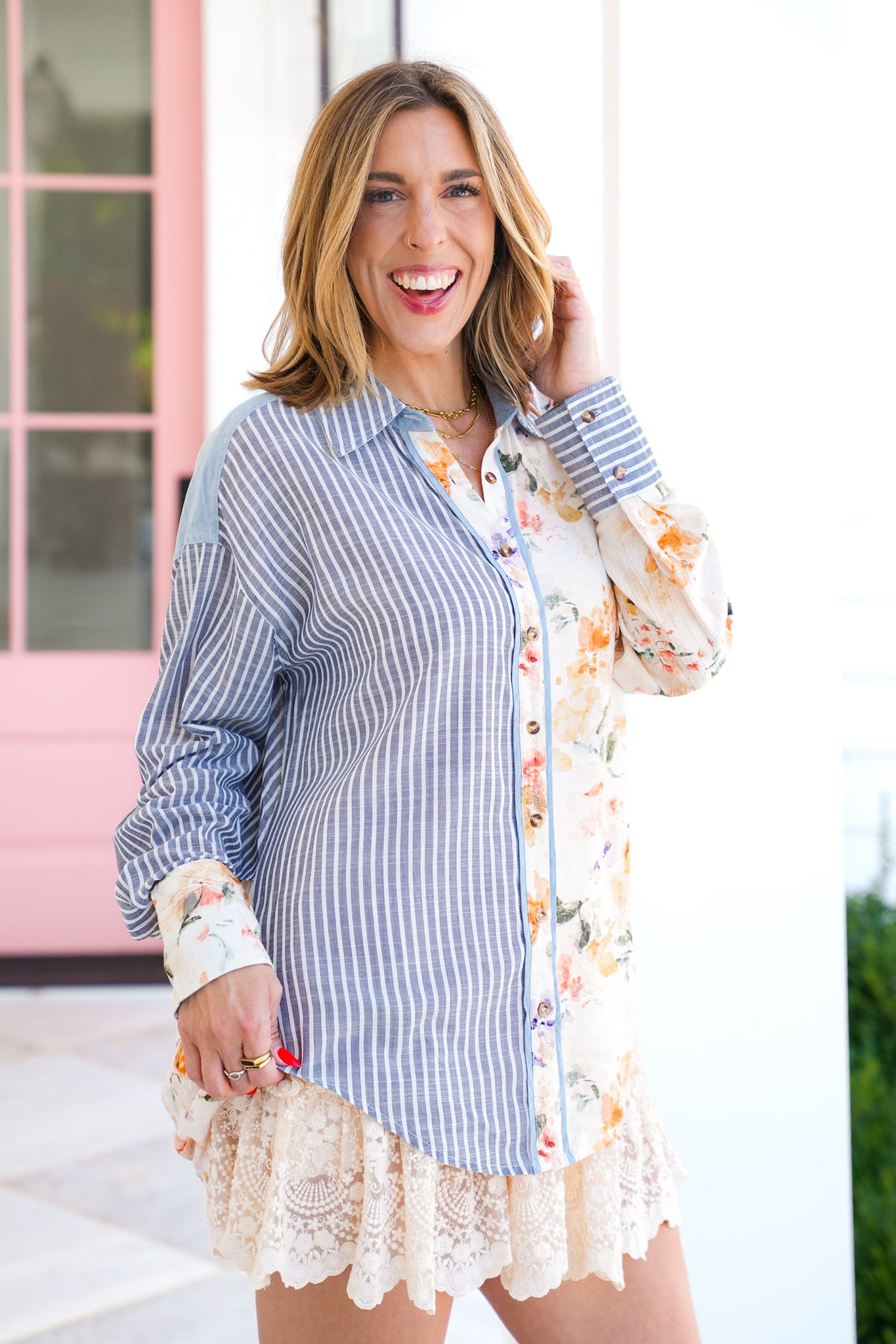 Plus/Reg Stripe and Floral Long Sleeve Button Down Top