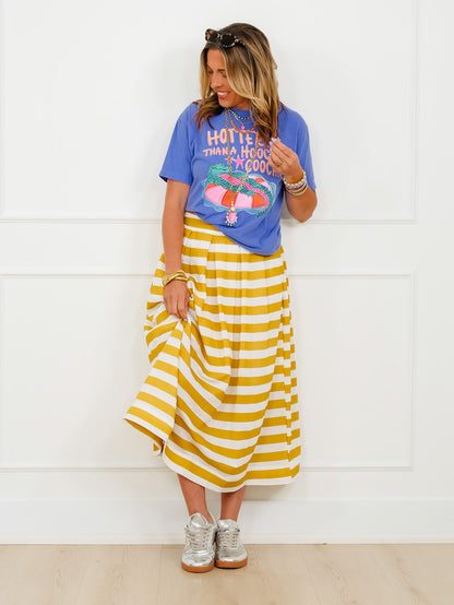 Stripe Pleated Midi Skirt with Side Zipper