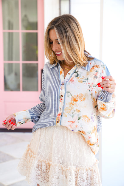 Plus/Reg Stripe and Floral Long Sleeve Button Down Top
