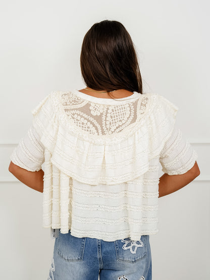 POL Textured Short Sleeve Round Neck Top with Ruffles