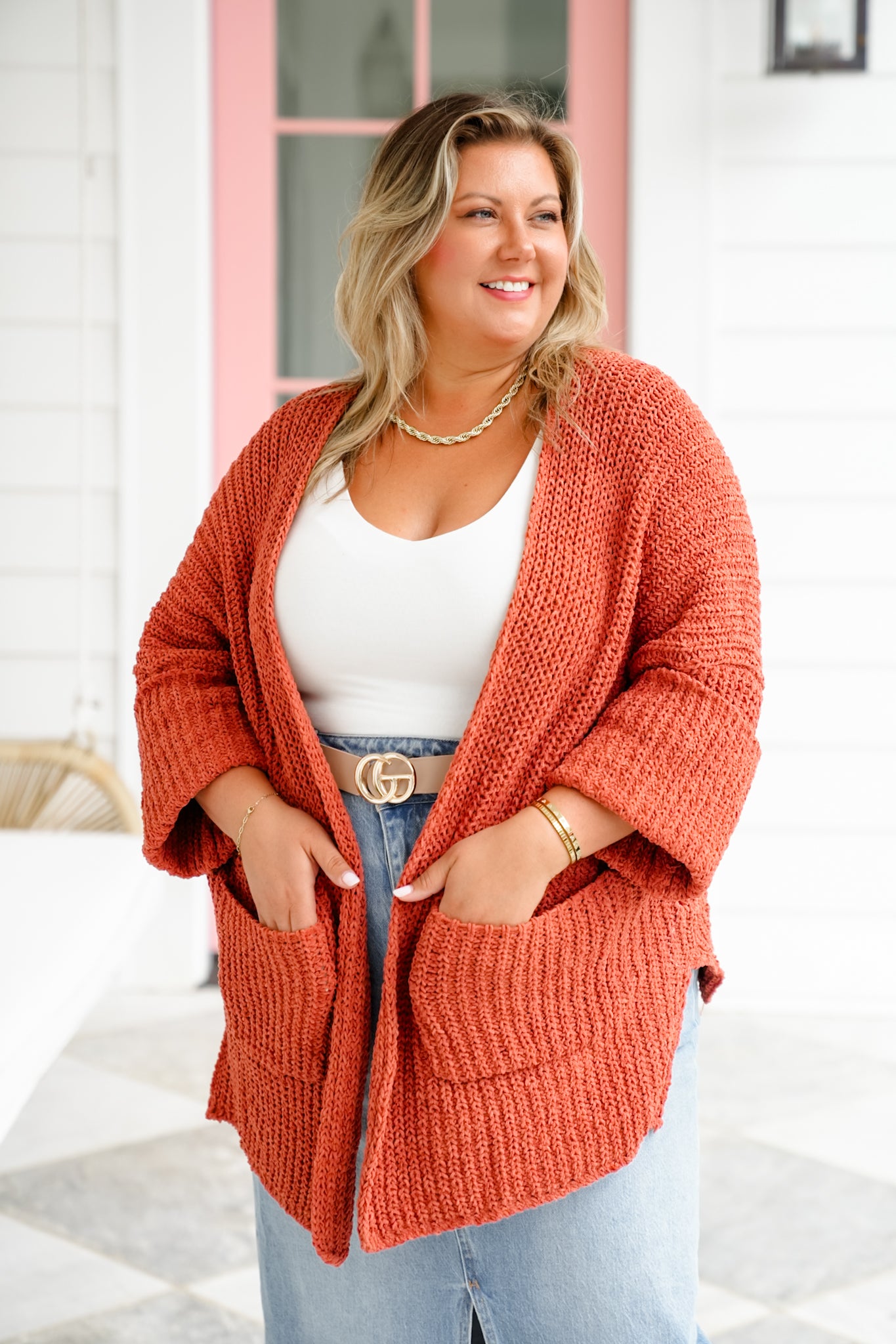 POL Knit 3/4 Cuffed Sleeve Open Front Cardigan