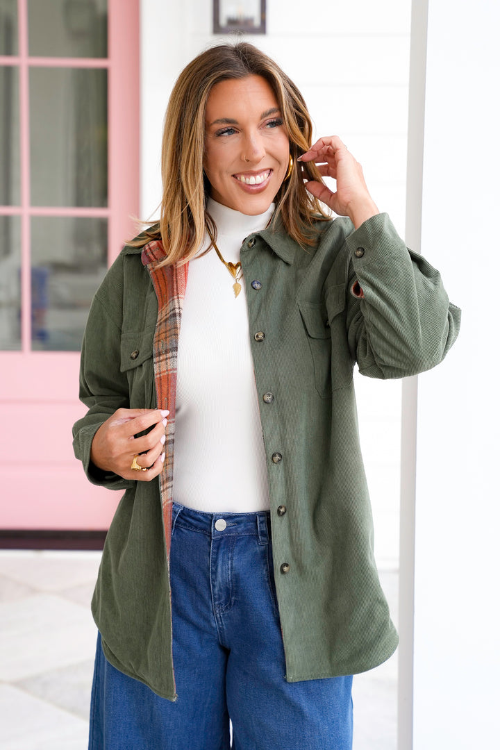 Corduroy and Plaid Reversible Long Sleeve Shacket