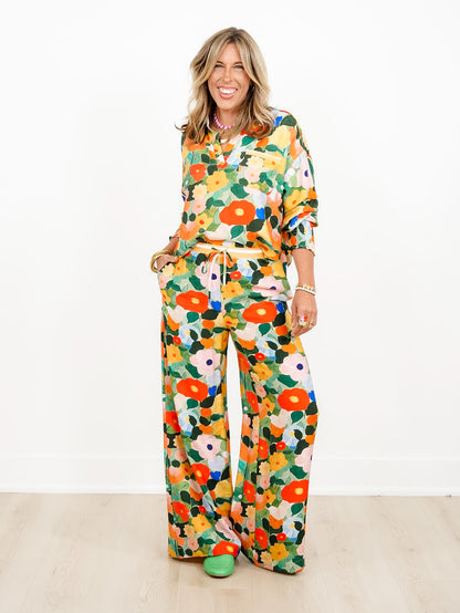 Plus/Reg Floral Print Drawstring Wide Leg Pants - Freckled Poppy