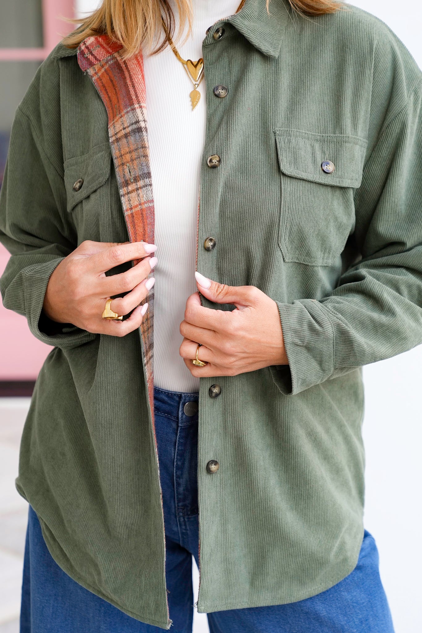 Corduroy and Plaid Reversible Long Sleeve Shacket