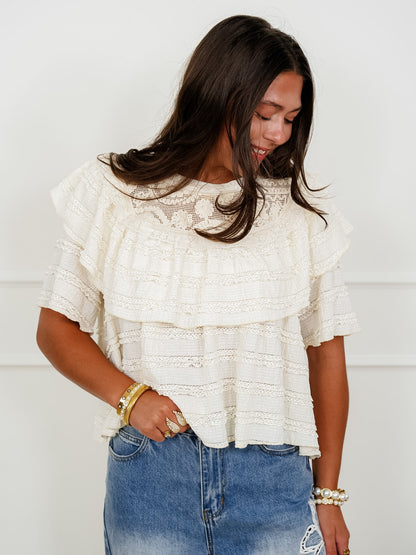 POL Textured Short Sleeve Round Neck Top with Ruffles
