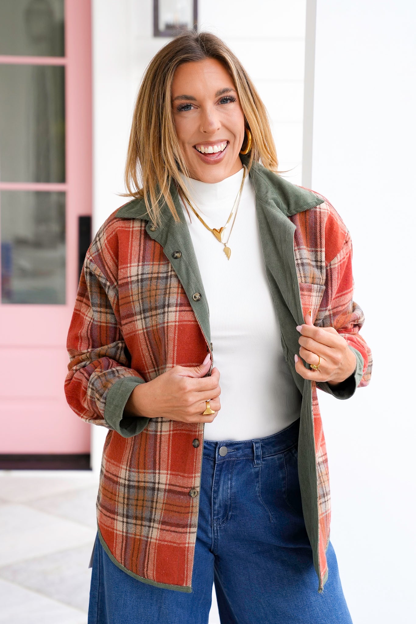Corduroy and Plaid Reversible Long Sleeve Shacket