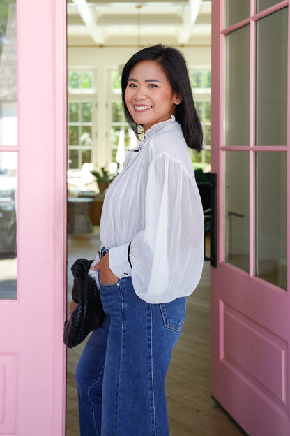 Plus/Reg Sheer Long Sleeve Button Down Pleated Top