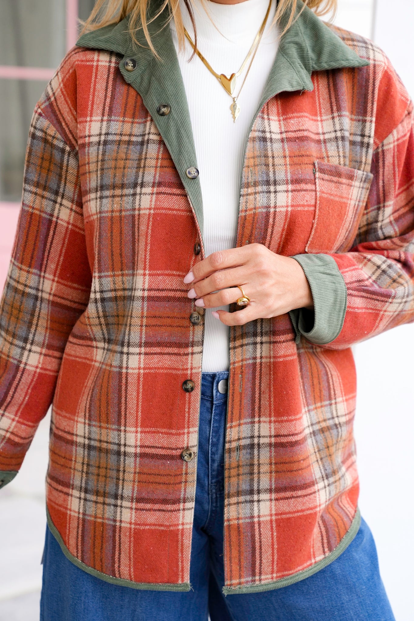 Corduroy and Plaid Reversible Long Sleeve Shacket