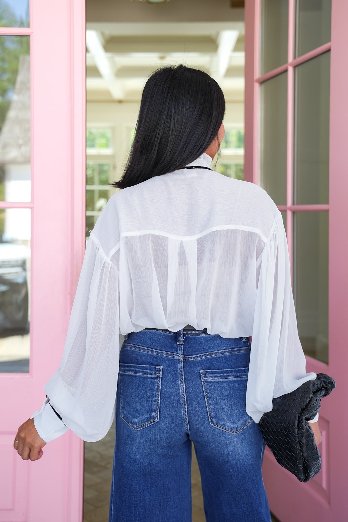Plus/Reg Sheer Long Sleeve Button Down Pleated Top