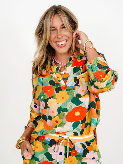 Plus/Reg Floral Print Long Sleeve Button Down Top