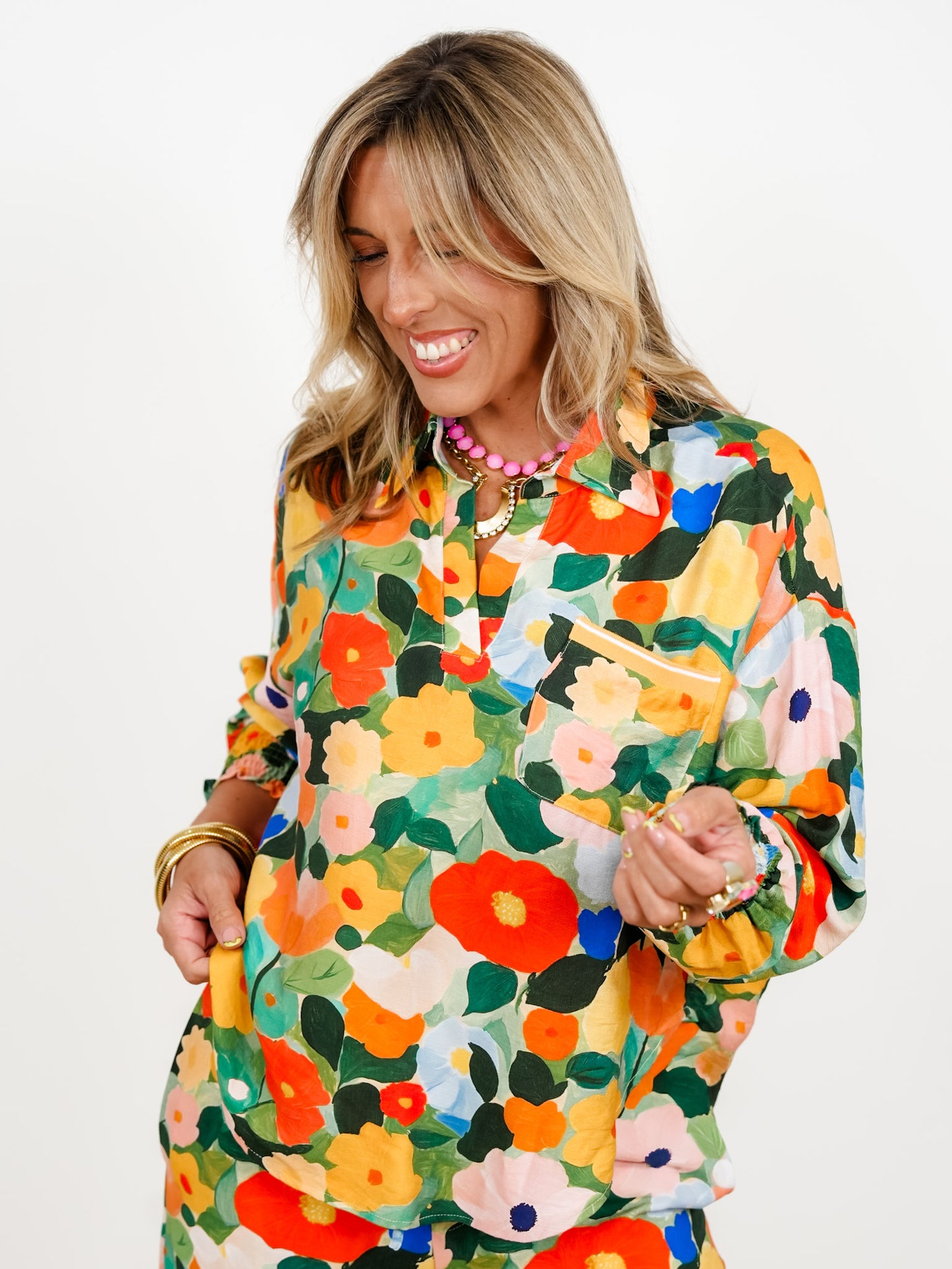 Plus/Reg Floral Print Long Sleeve Button Down Top