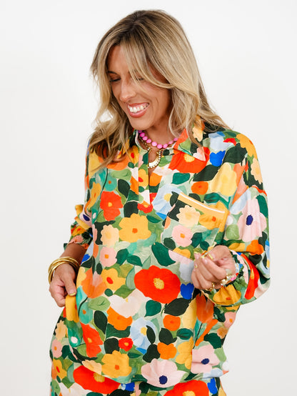 Plus/Reg Floral Print Long Sleeve Button Down Top