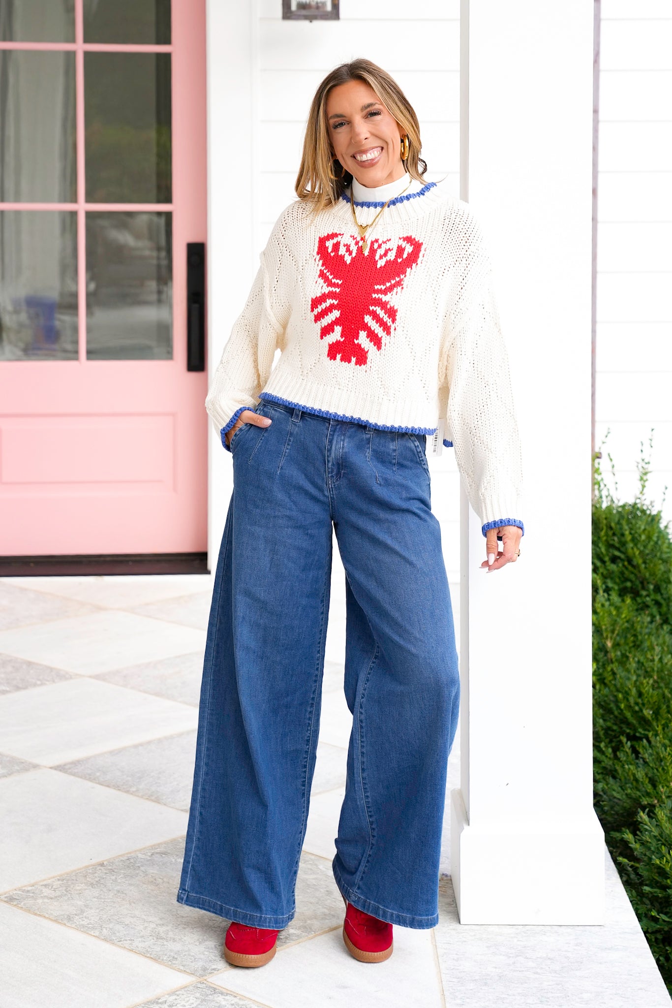 Lobster Knit Long Sleeve Cropped Pullover Sweater