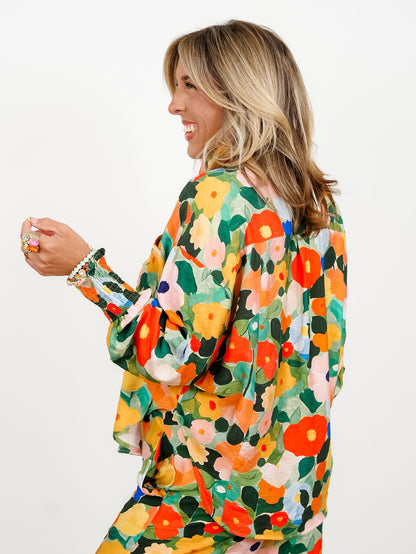 Plus/Reg Floral Print Long Sleeve Button Down Top