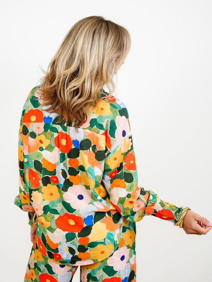 Plus/Reg Floral Print Long Sleeve Button Down Top