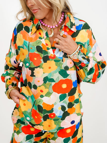 Plus/Reg Floral Print Long Sleeve Button Down Top