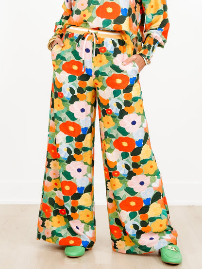 Plus/Reg Floral Print Drawstring Wide Leg Pants - Freckled Poppy