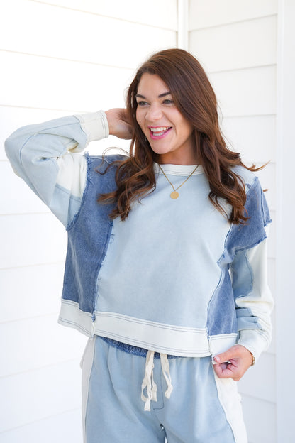 Frayed Color Block Long Sleeve Pullover Sweatshirt