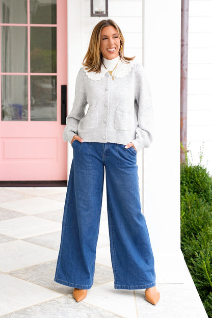 Knit Long Sleeve Frill Crochet Collar Cardigan